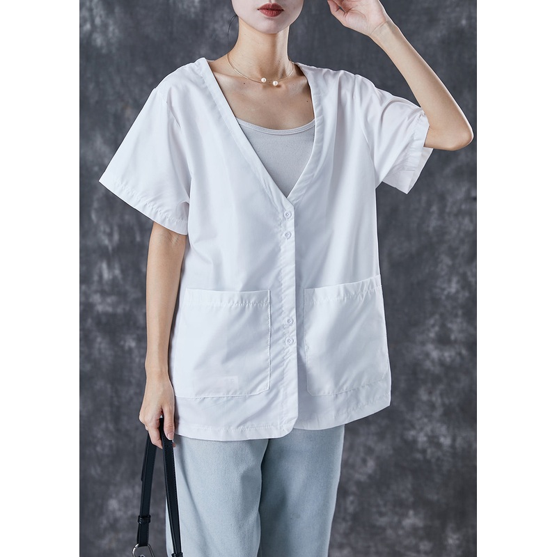 White Loose Cotton Blouses V Neck Pockets Summer