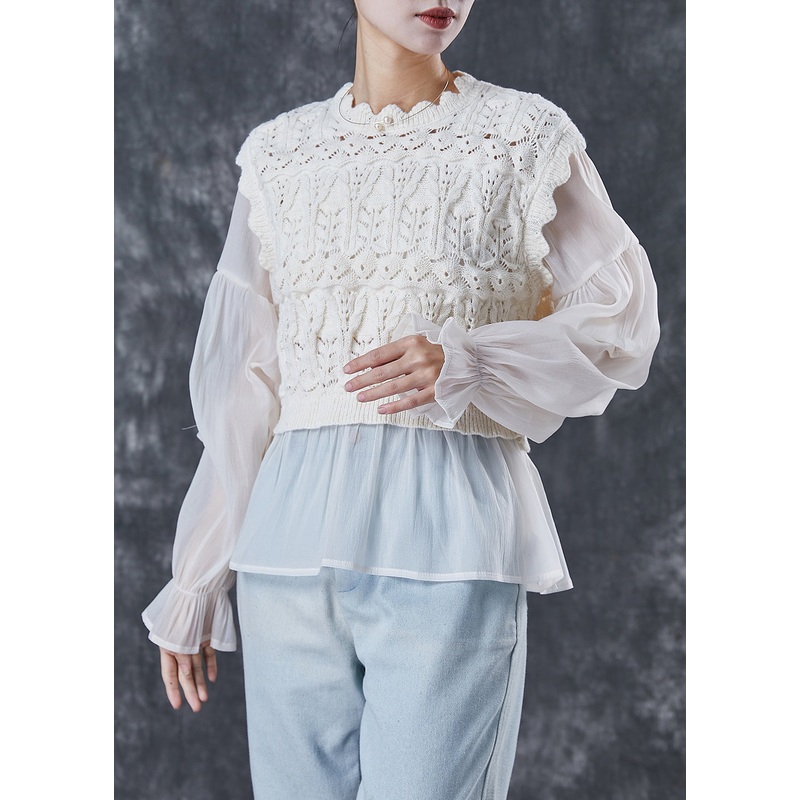 Women Apricot Patchwork Knit Tops Lantern Sleeve
