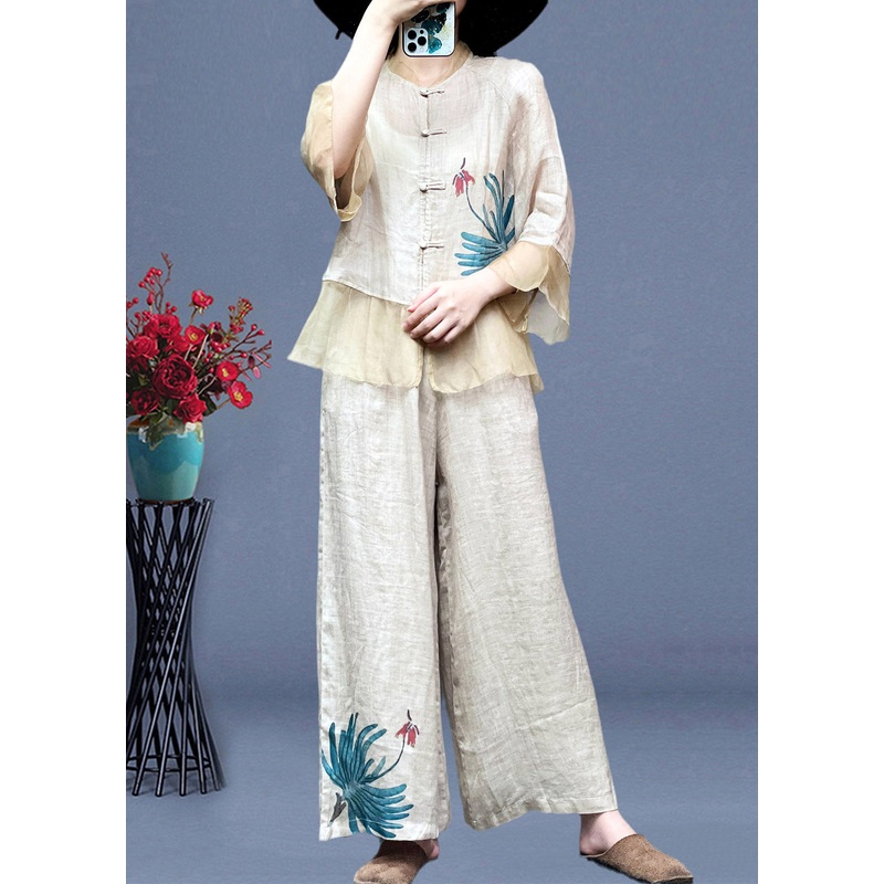 Women Apricot Stand Collar Tulle Patchwork Linen Shirts And Wide Leg Pants Two Pieces Set Long Sleeve