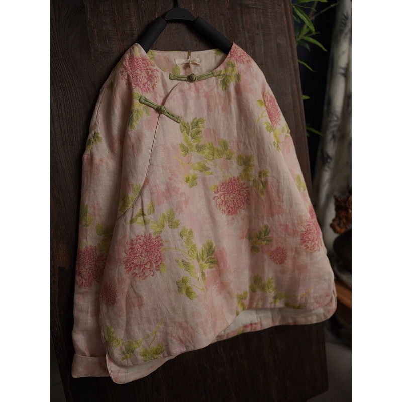 Women Artsy Winter Flower Linen Padded Coat