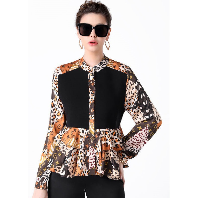 Women Colorblock Stand Collar Ruffled Print Patchwork Silk Shirts Spring