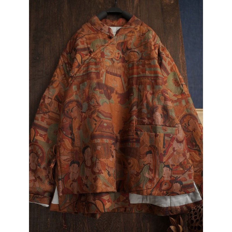 Women Ethnic Winter Flower Print Linen Padded Coat