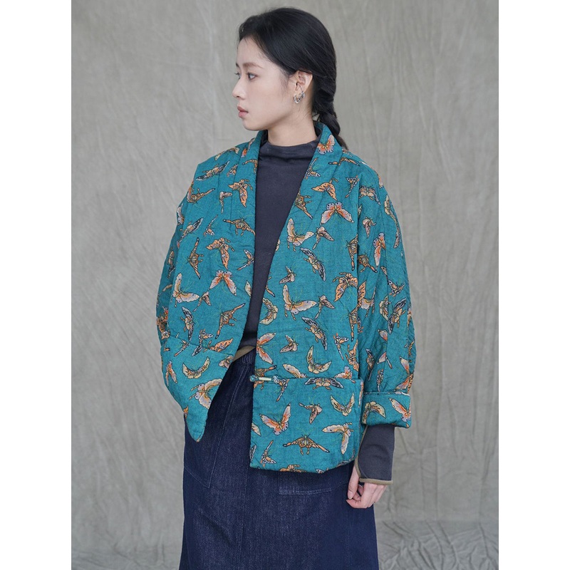 Women Vintage Butterfly Print Cotton Padded Coat