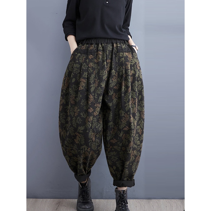 Women Vintage Leaf Print Winter Denim Harem Pants