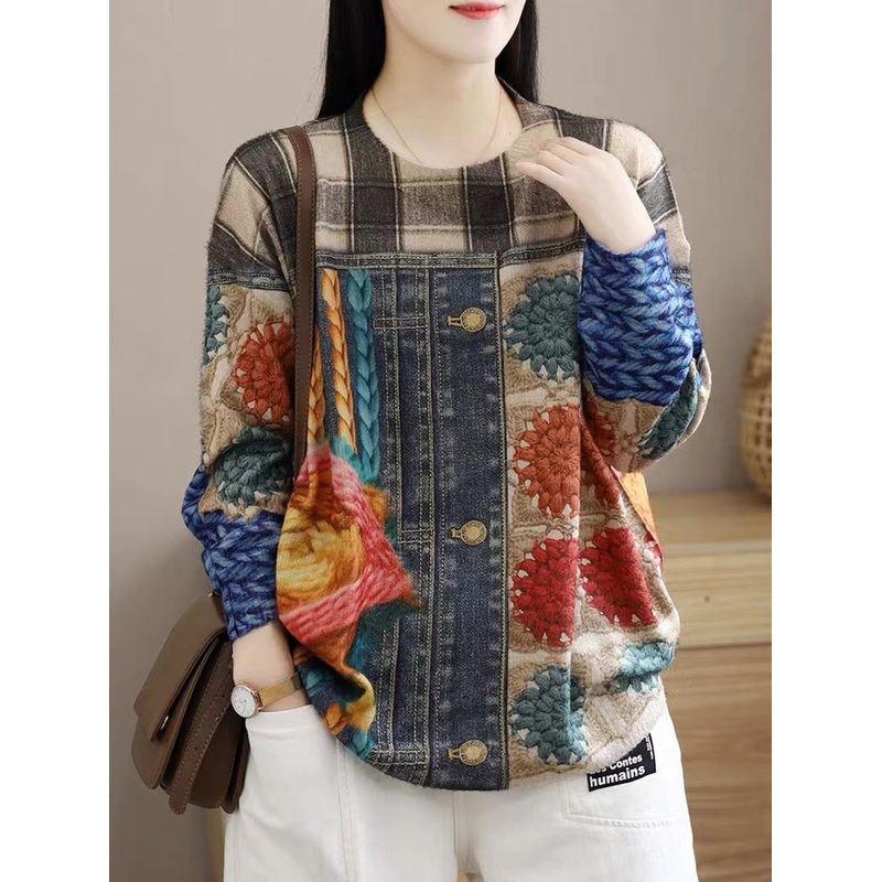 Women Vintage Winter Spliced O-Neck Warm Sweater