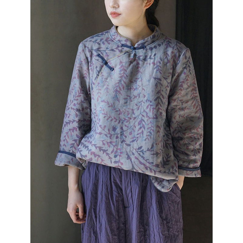 Women Winter Retro Leaf Cotton Padded Coat