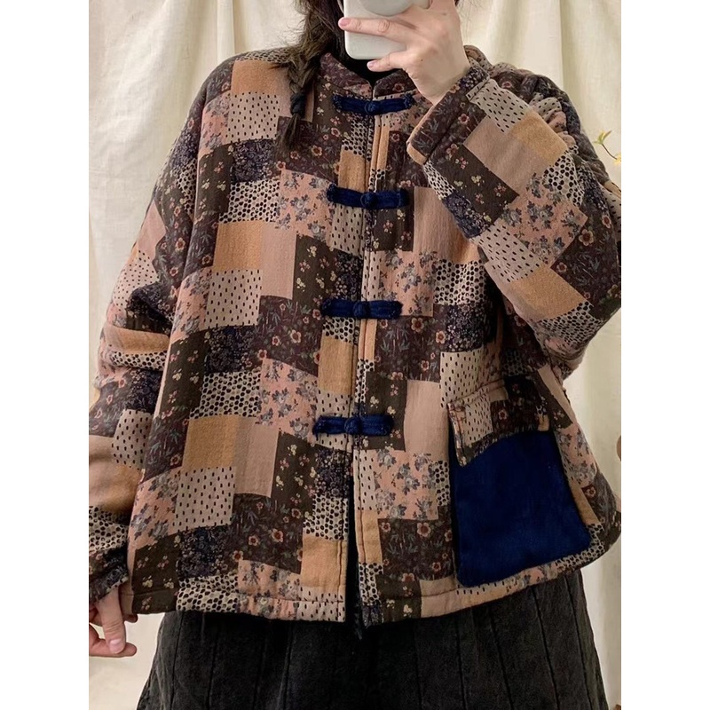 Women Winter Retro Patch Spliced Floral Padded Coat