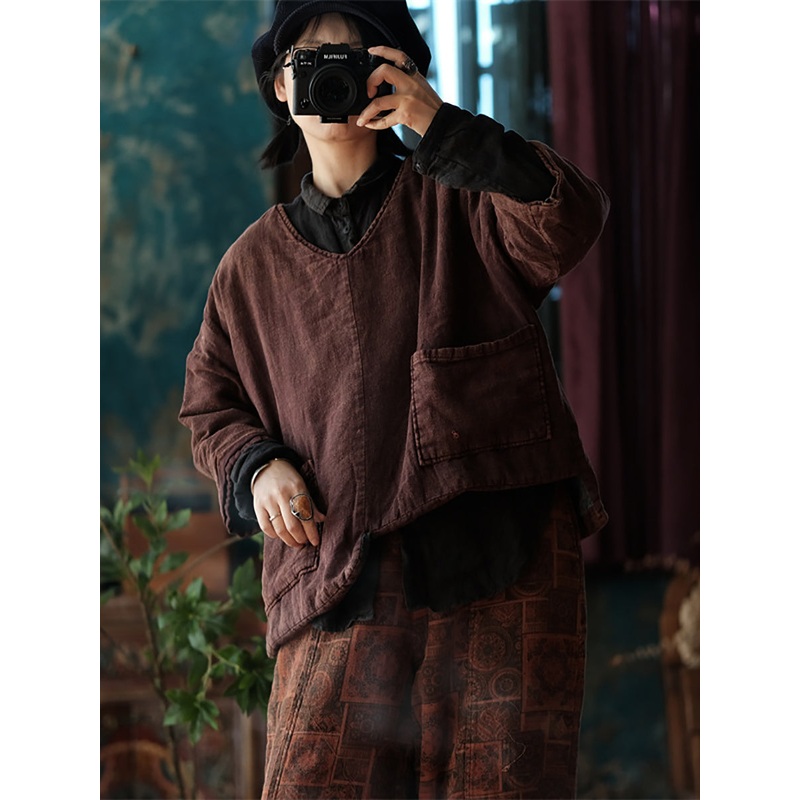Women Winter Retro Worn V-Neck Cotton Coat
