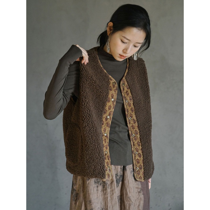 Women Winter Vintage Reversible Wearing Fleece Vest Coat