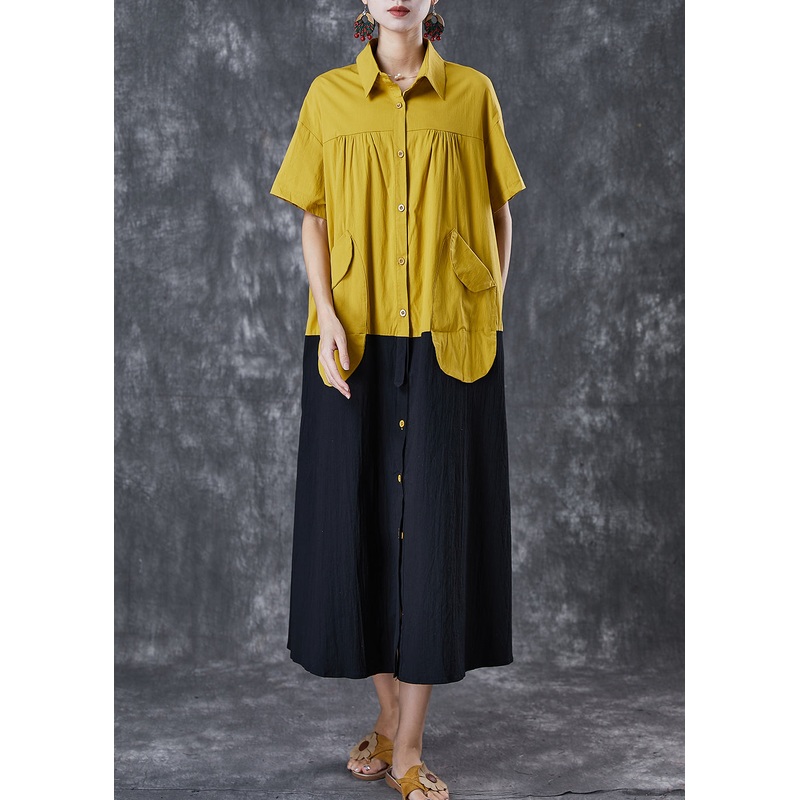 Yellow Black Patchwork Cotton Holiday Dresses Oversized Pockets Summer