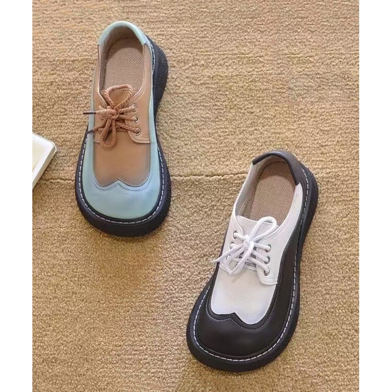 2025 Splicing Platform Flat Shoes Black White Faux Leather Lace Up