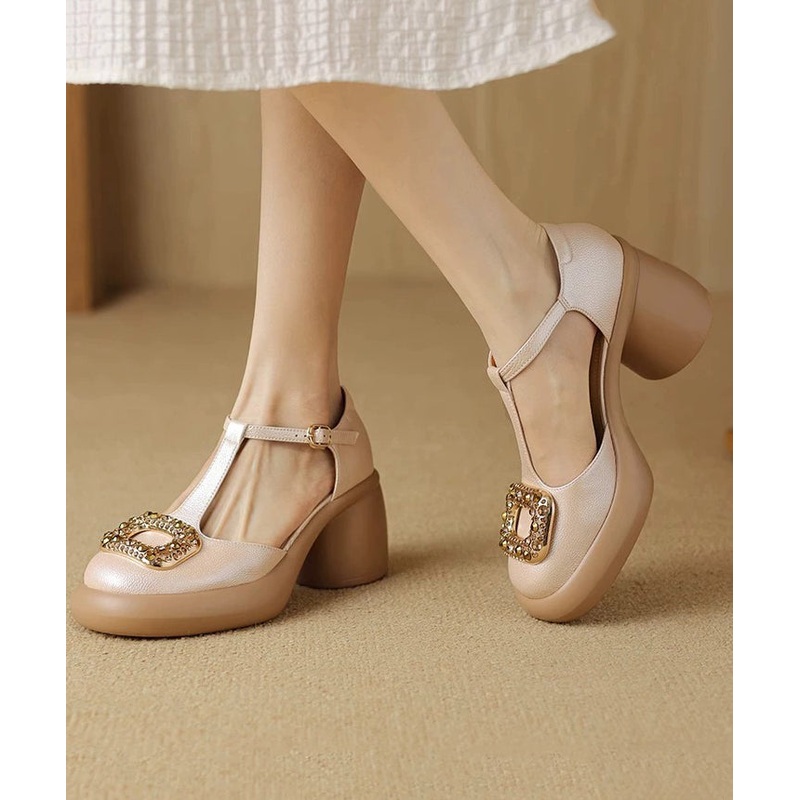 Apricot Zircon Splicing Chunky Heels Sandals Hollow Out