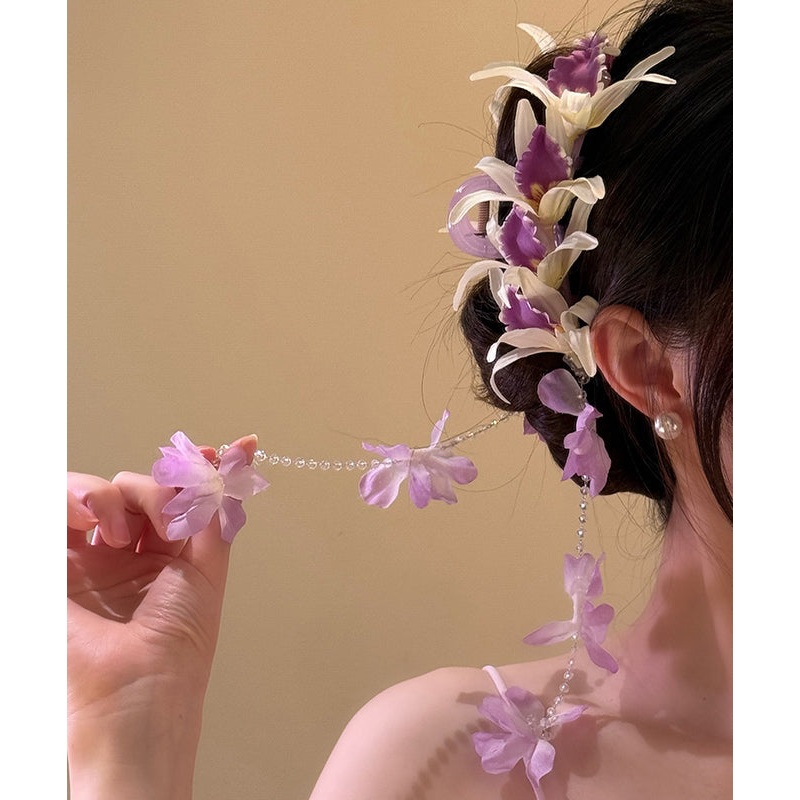 Art Purple Tulle Floral Butterfly Beads Tassel Hairpin