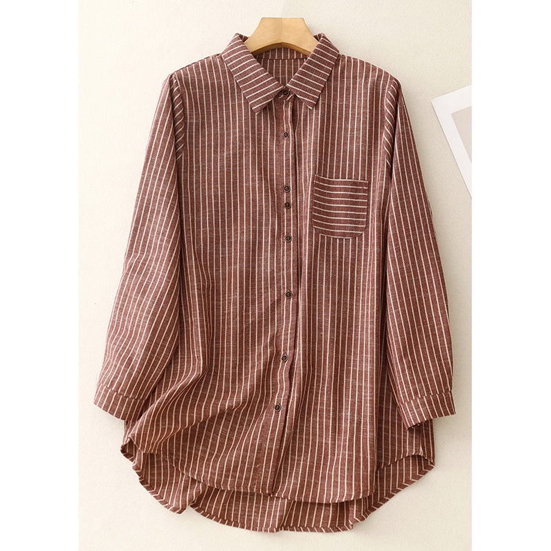 Art Red Peter Pan Collar Striped Cotton Blouses Spring
