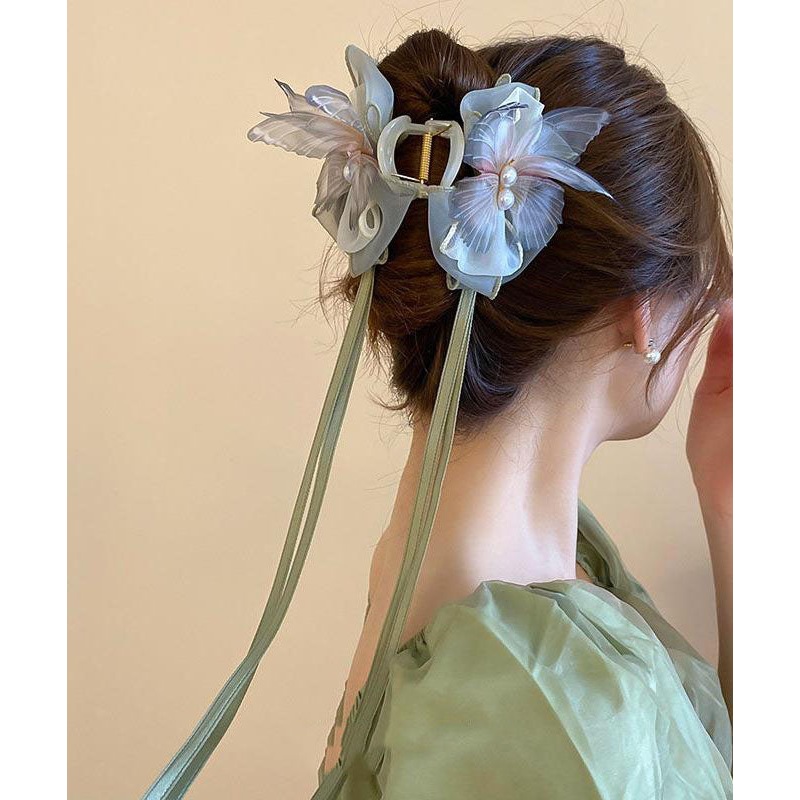 Beautiful Green Acrylic Fabric Pearl Bow Ribbon Hairpin