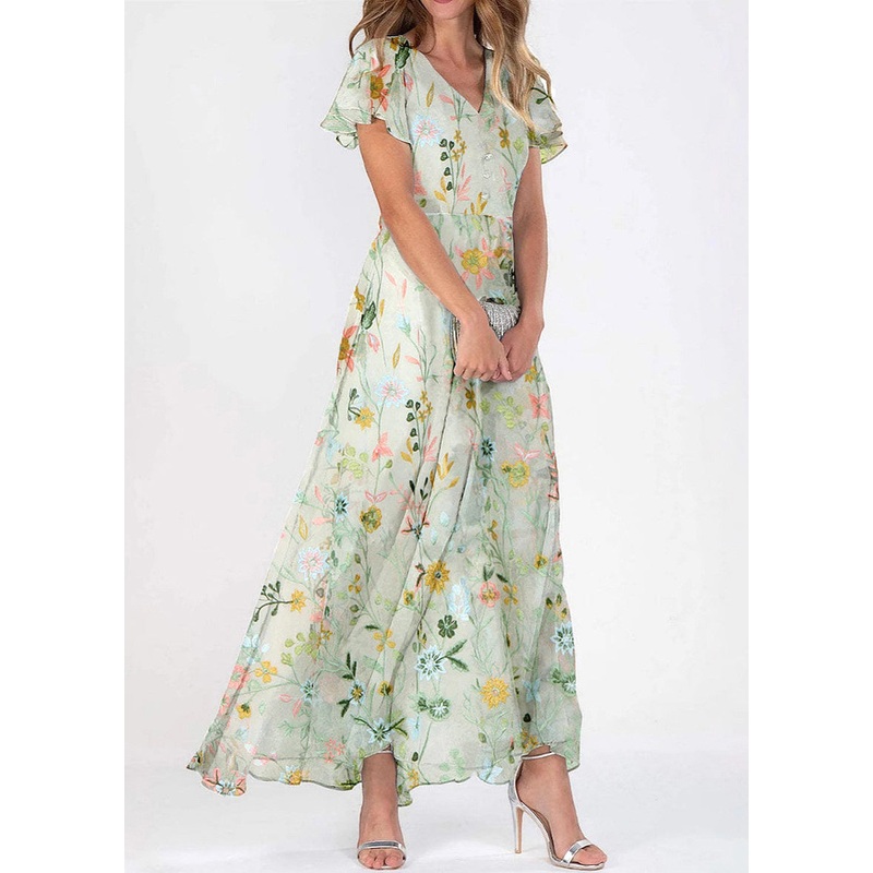 Beautiful Green V Neck Print Chiffon Long Dresses Summer