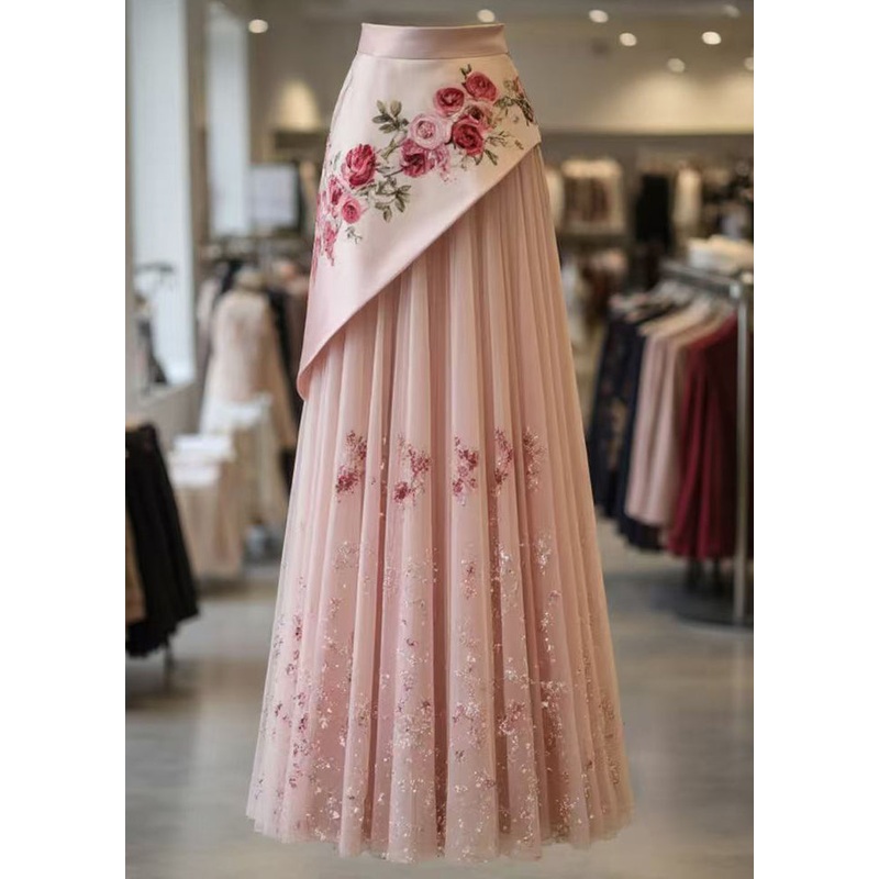 Beautiful Pink Print Wrinkled Tulle Patchwork Skirt Summer
