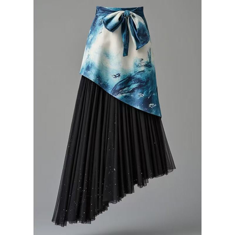 Boutique Blue Asymmetrical Print Wrinkled Patchwork Skirt Summer
