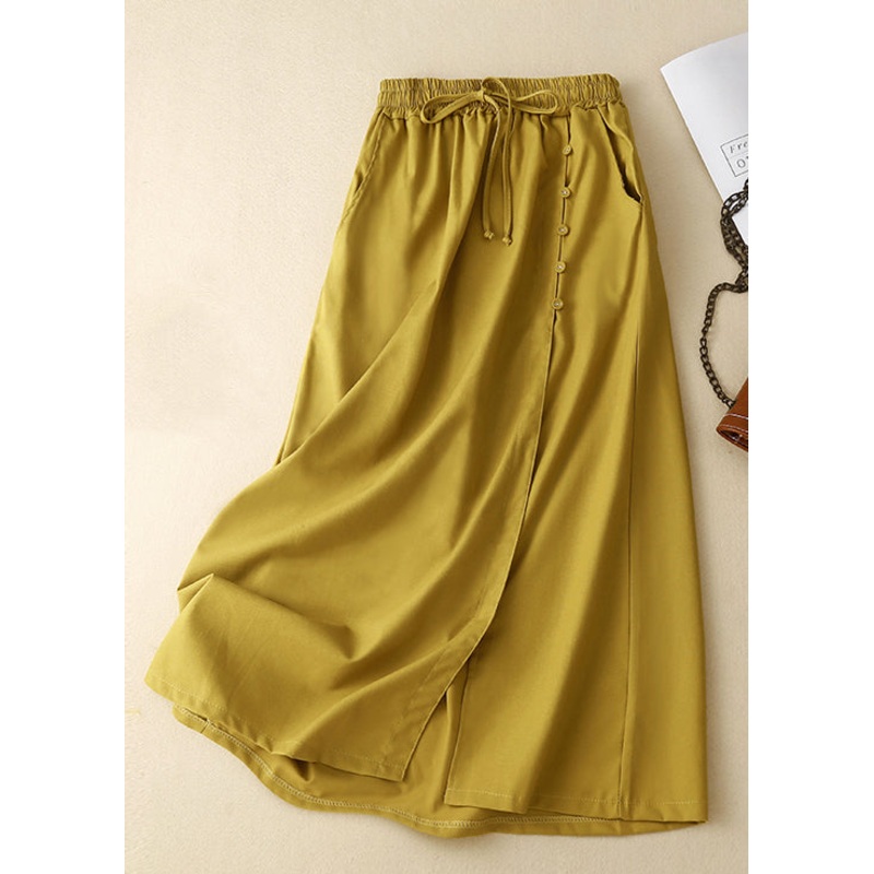 Casual Yellow Front Open Elastic Waist Cotton Skirts Summer