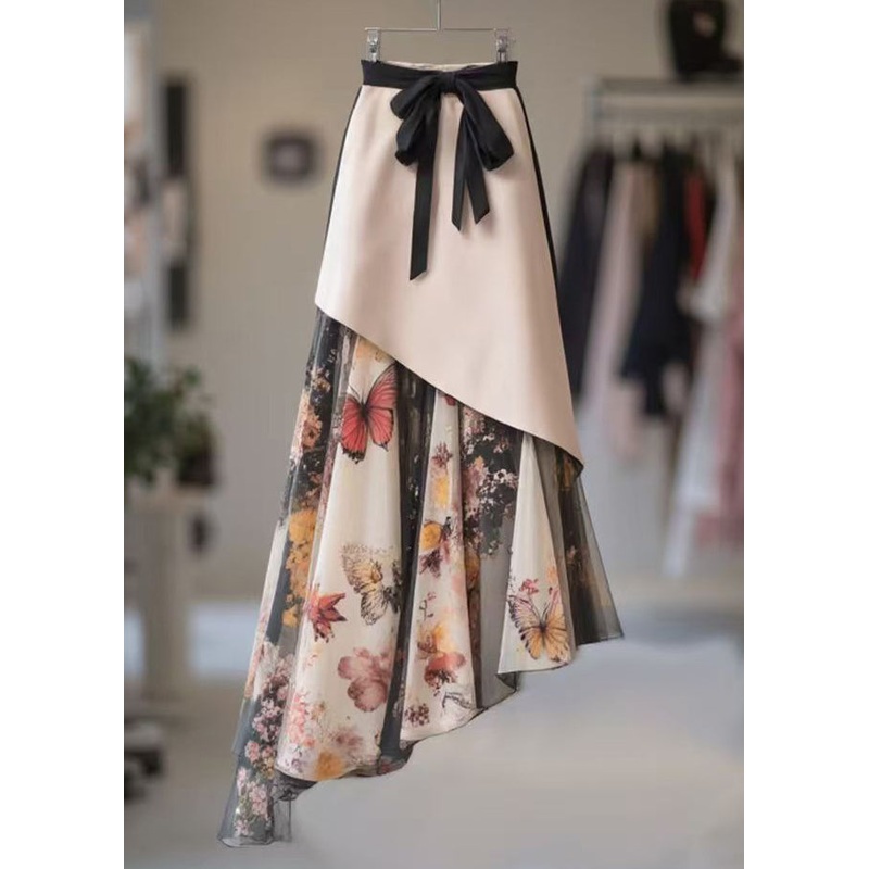 Chic Asymmetrical Print High Waist Chiffon Patchwork Skirts Spring