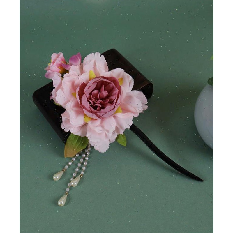 Chinese Style Pink Wooden Peony Pearl Tassel Hairpin
