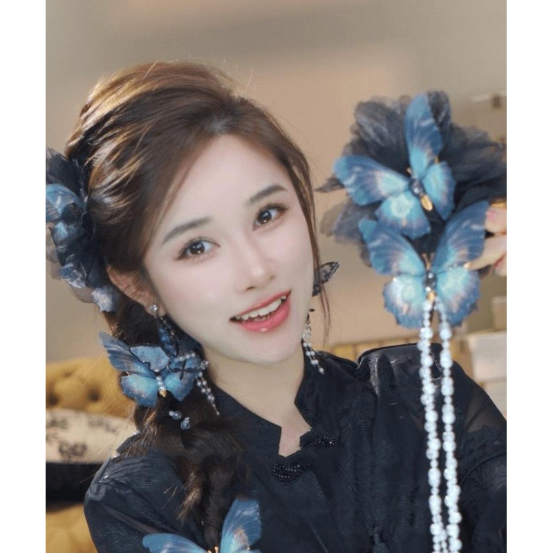 Classy Blue Zircon Fabric Pearl Tassel Hairpin
