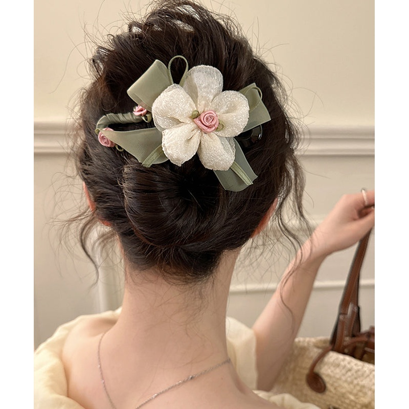 Elegant Green Plastic Fabric Tulle Floral Hairpin