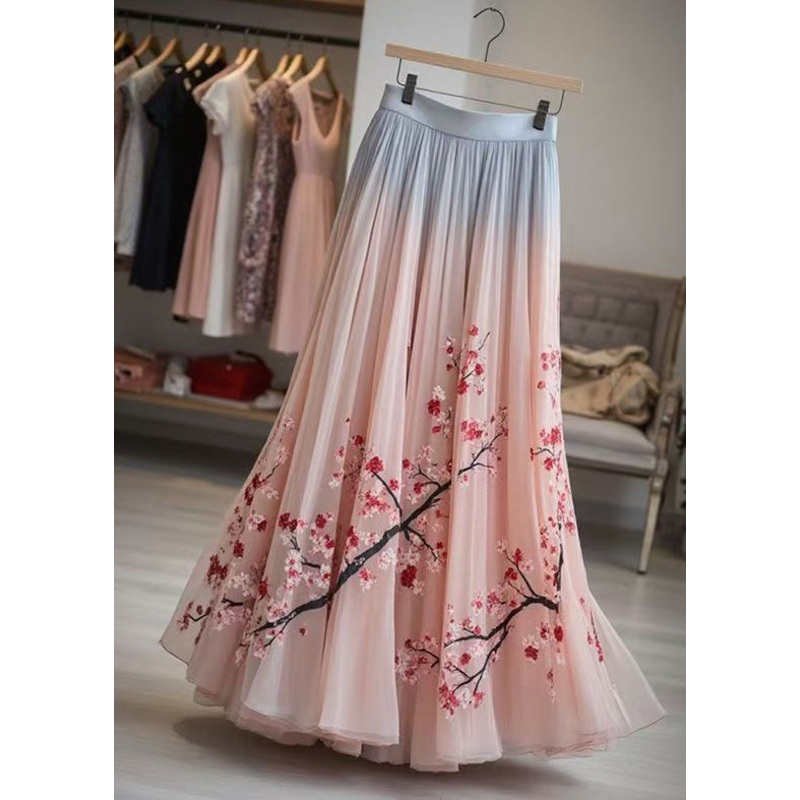 Elegant Pink Print Elastic Waist Chiffon Pleated Skirt Summer