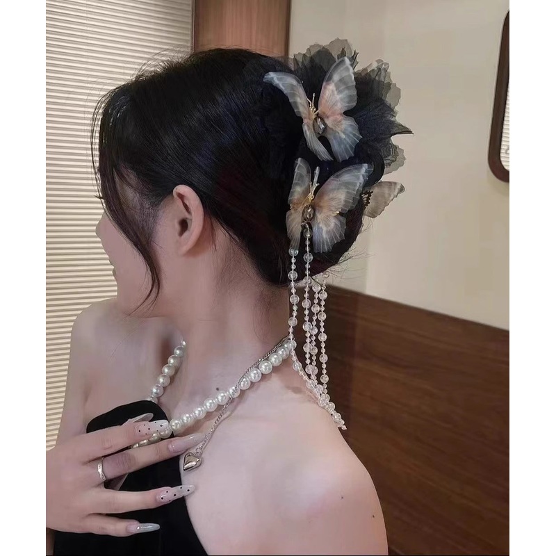 Fashion Black Acrylic Crystal Butterfly Tassel Hairpin