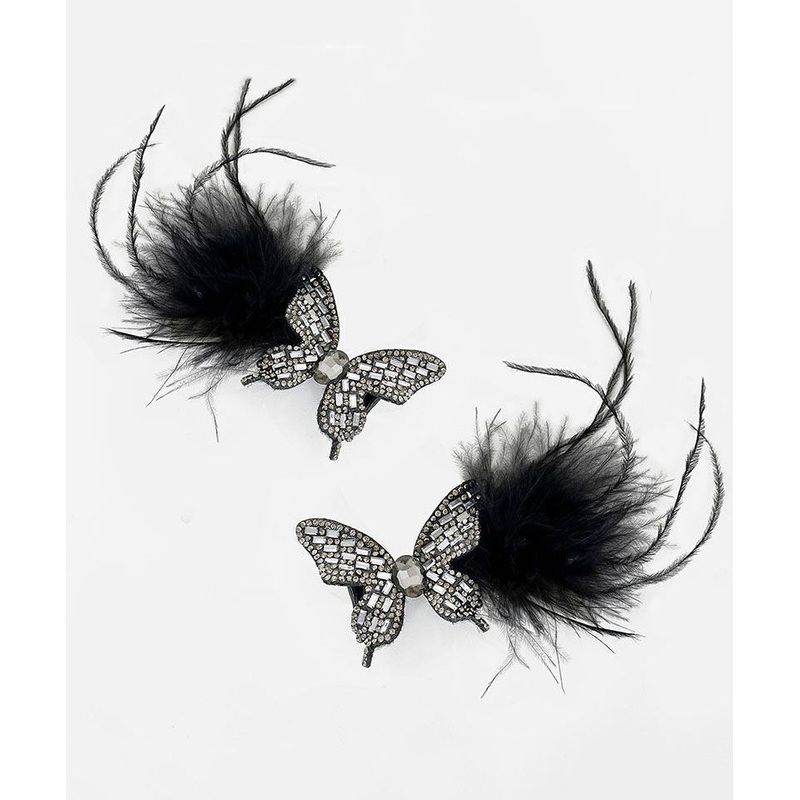 Handmade Black Alloy Zircon Butterfly Feathers Hairpin