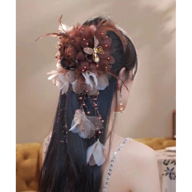 Handmade Coffee Alloy Butterfly Zircon Feather Pearl Tassel Hairpin