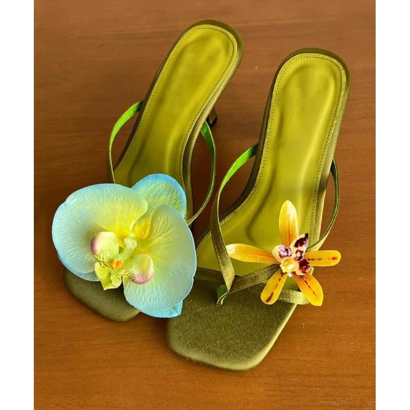 Handmade Green Asymmetrical Floral Silk Stiletto Heels Flip Flops