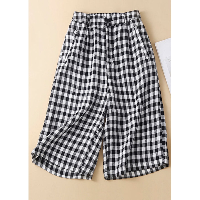 New Black Plaid High Waist Linen Wide Leg Shorts Summer