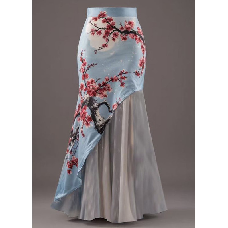 New Blue Asymmetrical Print Patchwork Skirts Summer