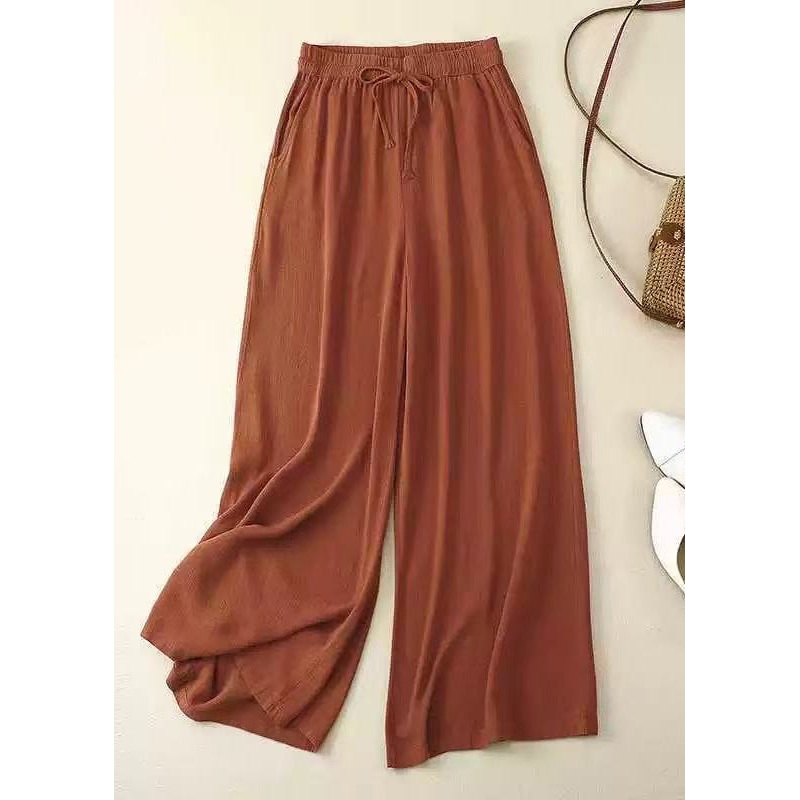 New Orange Pockets Elastic Waist Linen Wide Leg Pants Summer