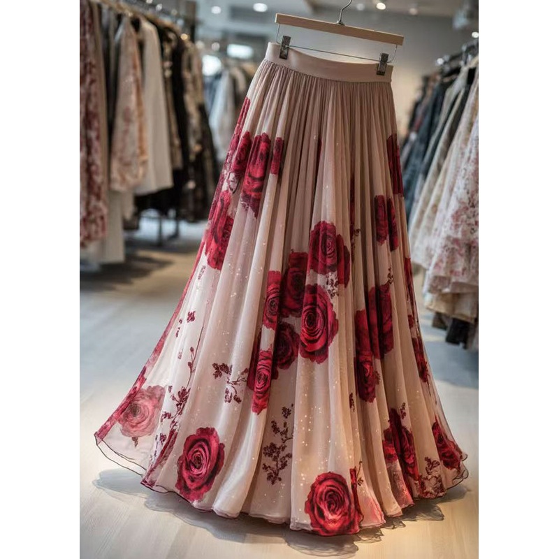 New Pink Print Wrinkled Chiffon Skirt Summer