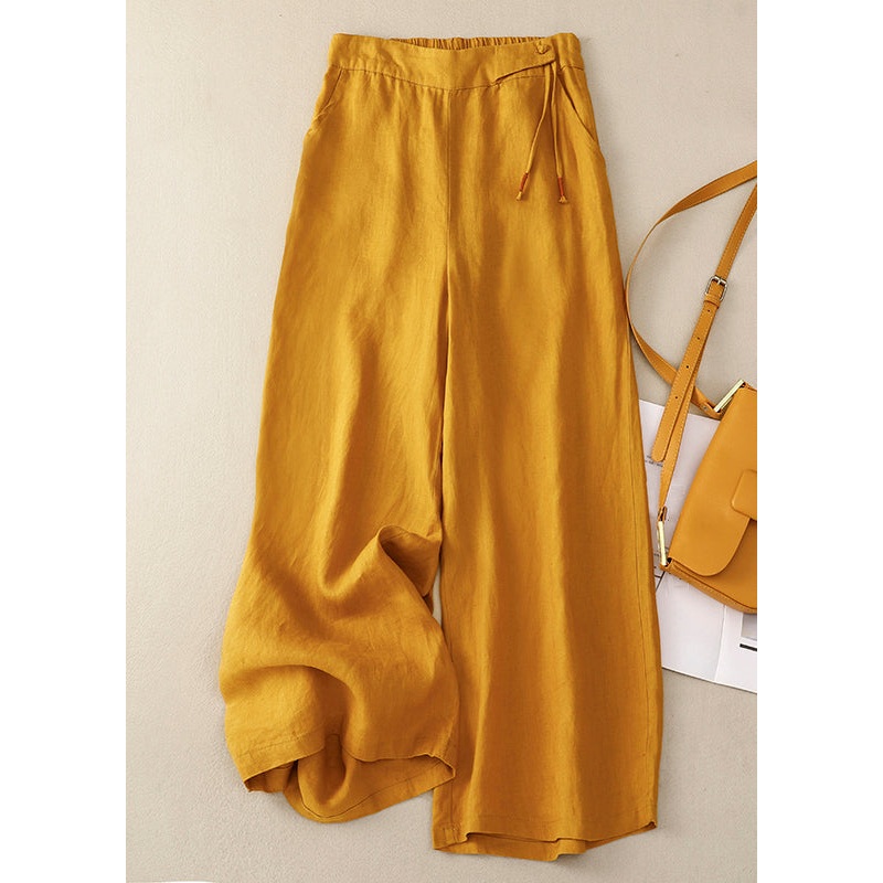 New Yellow Button High Waist Cotton Wide Leg Pants Summer