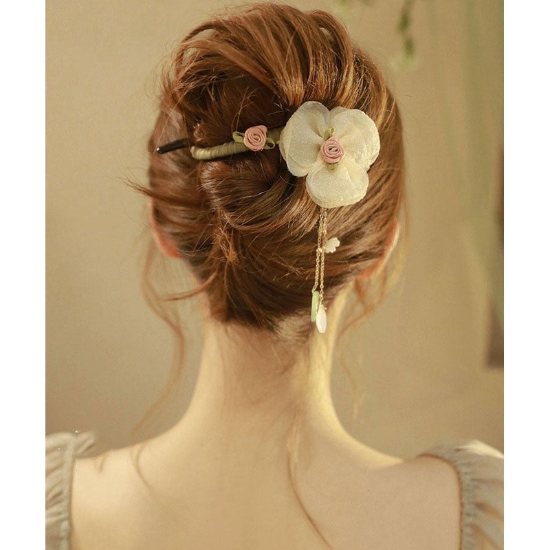 Original Design Apricot Fabric Tulle Pearl Floral Tassel Hairpin