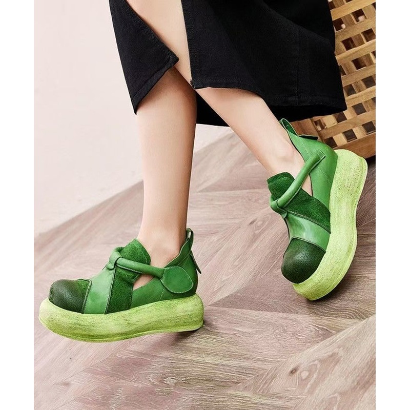 Original Handmade Green Cowhide Leather Splicing Platform Shoes