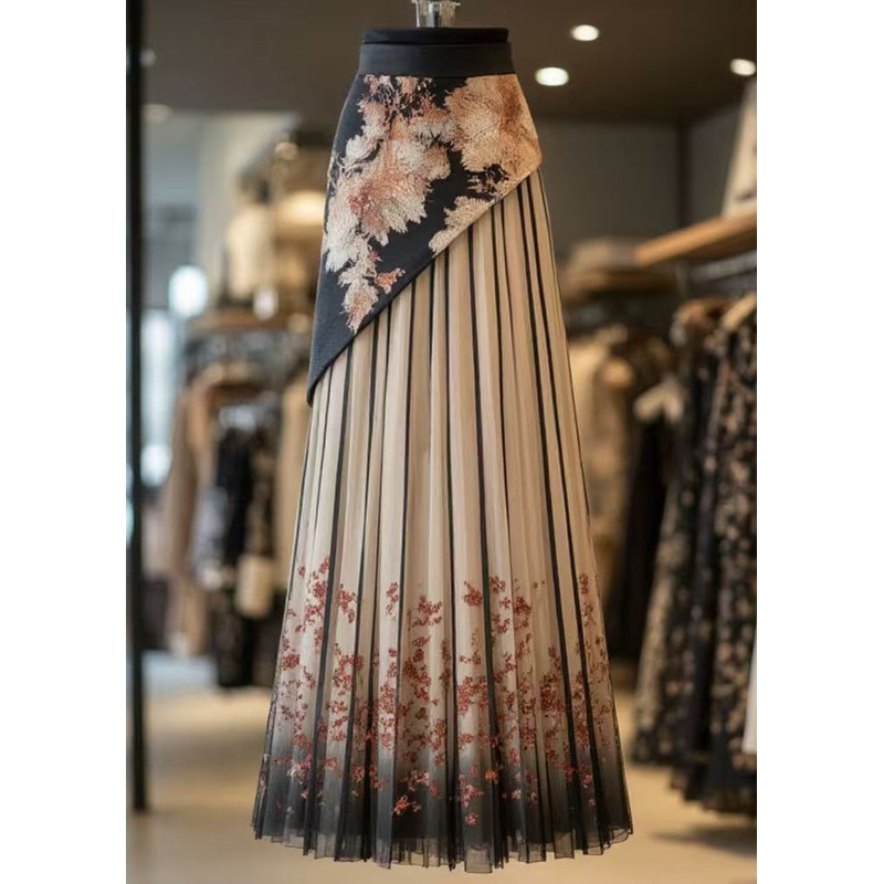Retro Black Print Wrinkled Patchwork Chiffon Skirts Summer