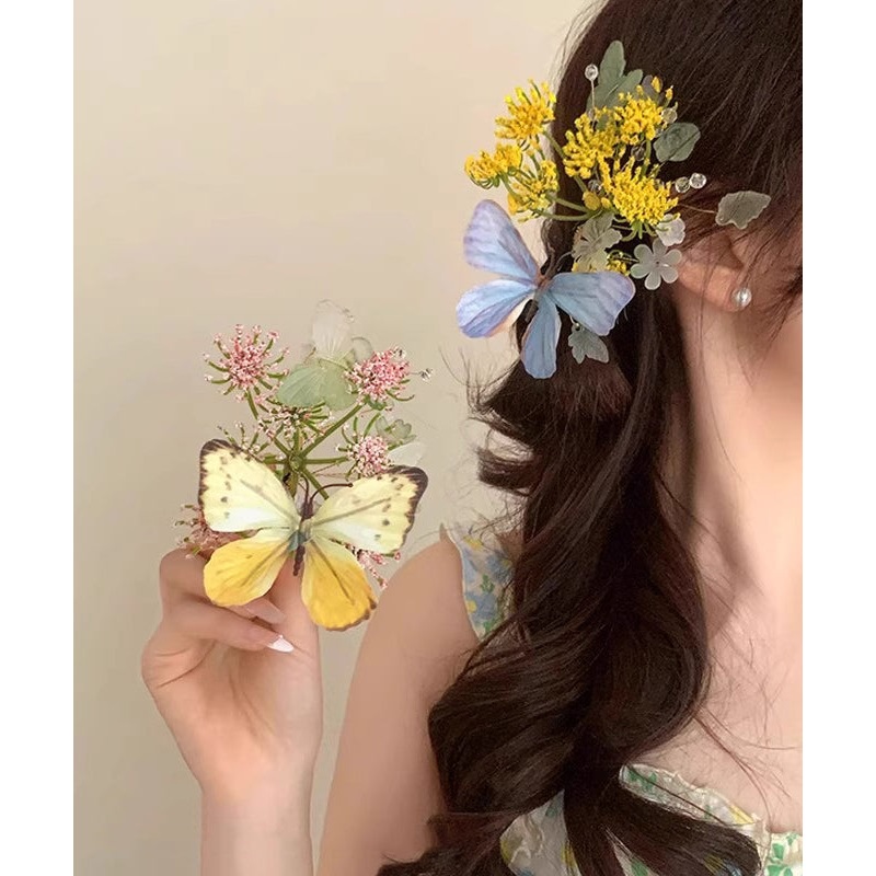 Retro Blue Alloy Butterfly Floral Hairpin