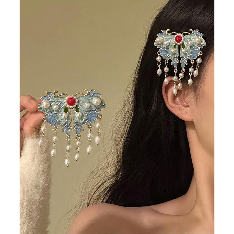 Retro Blue Alloy Pearl Enameling Butterfly Tassel Hairpin