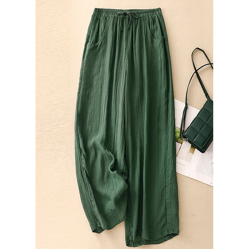 Simple Blackish Green Pockets Elastic Waist Linen Wide Leg Pants Summer