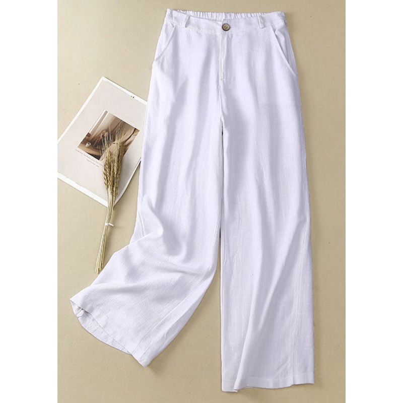 Simple White Button High Waist Linen Pants Summer