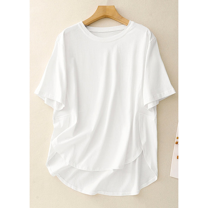 Simple White O Neck Low High Design Cotton T Shirts Summer