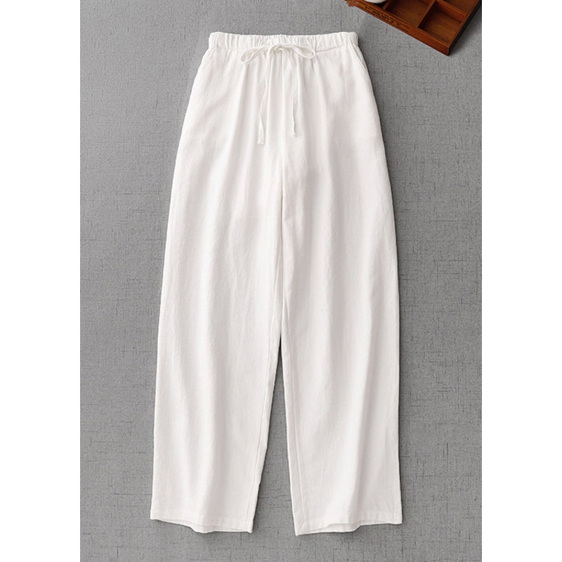 Simple White Pockets Elastic Waist Solid Cotton Pants Summer