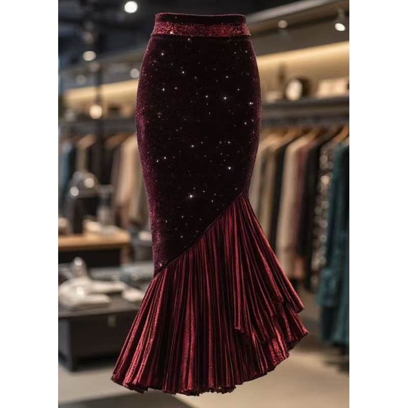Slim Fit Red Wrinkled High Waist Velour Fishtail Skirts Spring