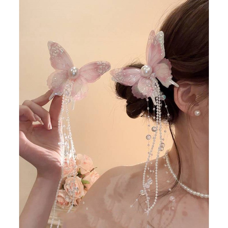 Style Pink Acrylic Pearl Beads Tulle Butterfly Tassel Hairpin