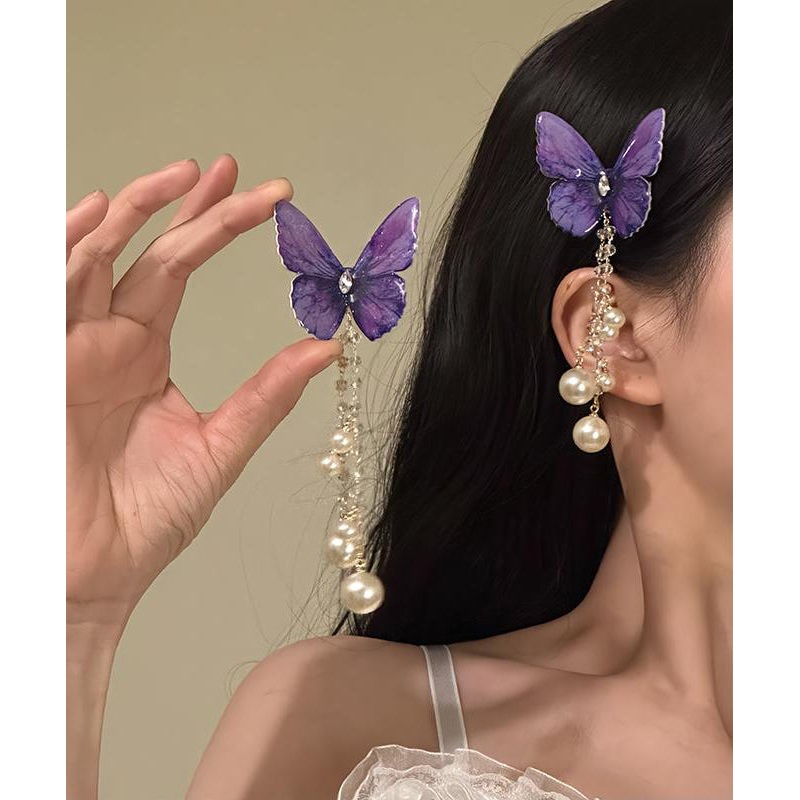 Style Purple Alloy Zircon Butterfly Pearl Tassel Hairpin