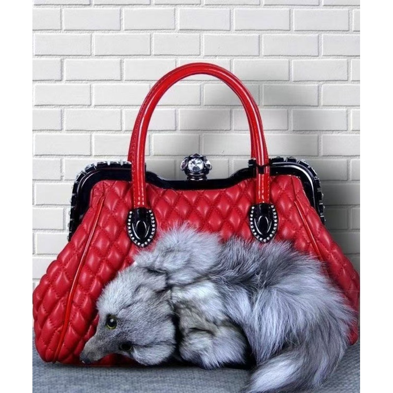 Style Red Fox Fur Decorated Faux Leather Tote Handbag
